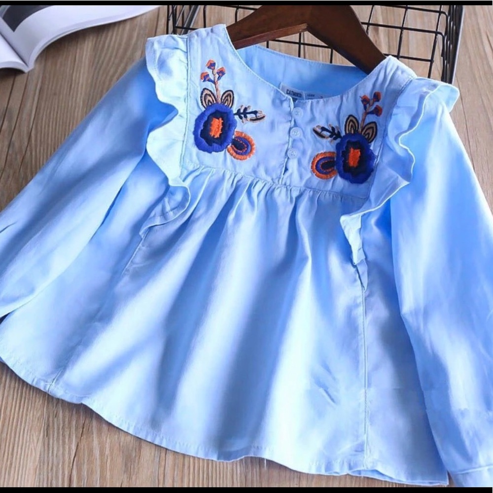 Little girls blue embroidery long sleeve dress